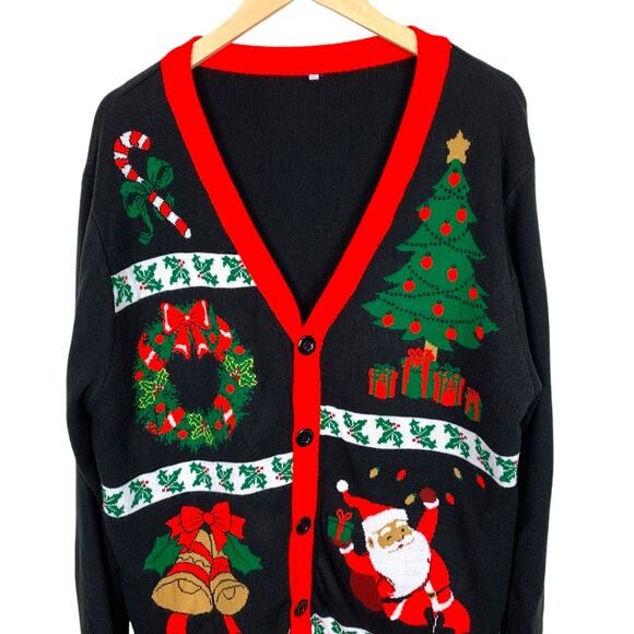 Men's Size XL Christmas Black and Red Cardigan Themed Pictures & Holly - Picture 5 of 9